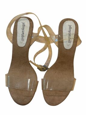 Jeffrey Campbell Clear Vinyl Strap Tan Suede Heels